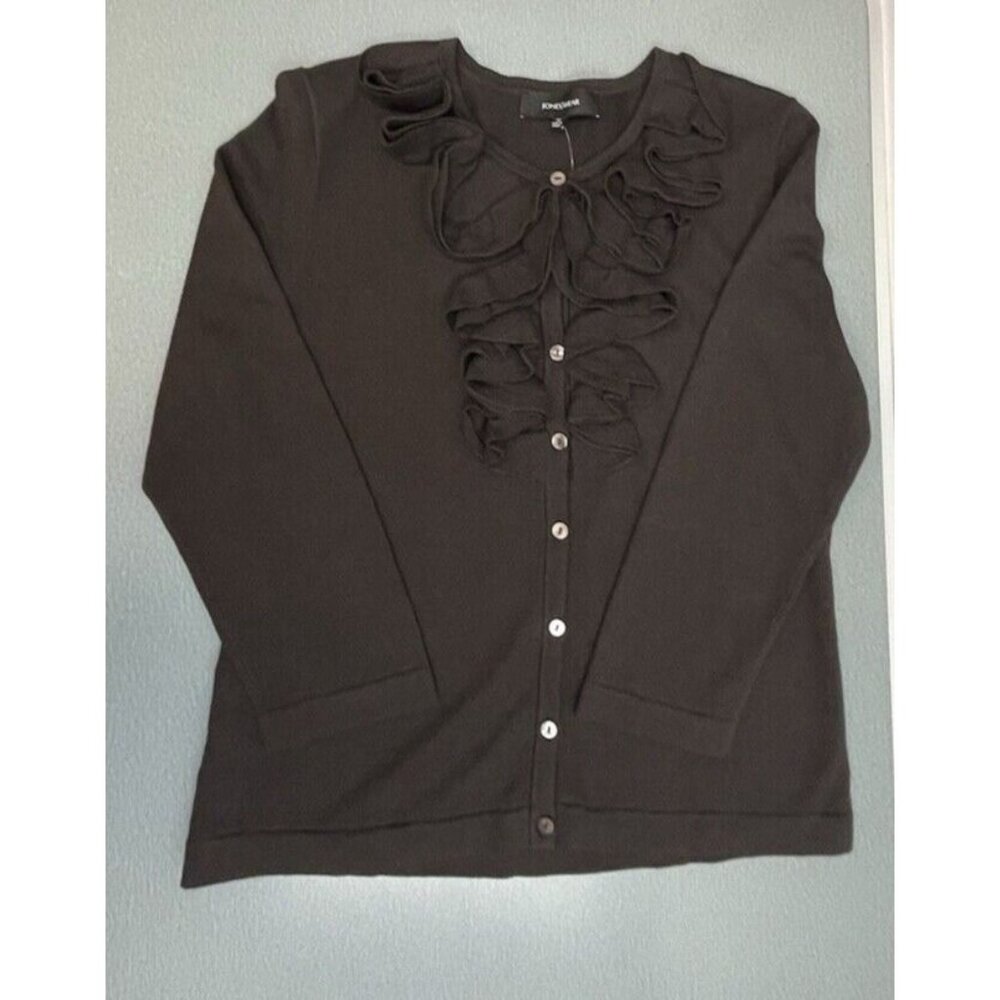 JONES WEAR Ruffle Front  Button Up Cardigan 3/4 Sleeves Brown Size M